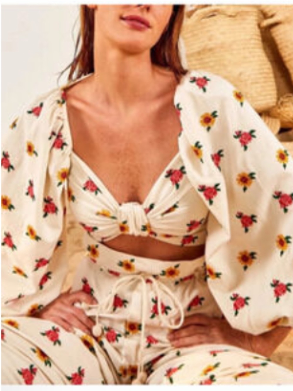 Farm Rio Balloon Puff-Sleeve Embroidered Tie-Front Crop White Floral Top, XS